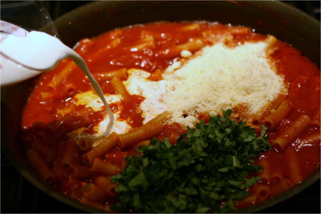 Add Cheese, Basil and Cream to Skillet Baked Ziti