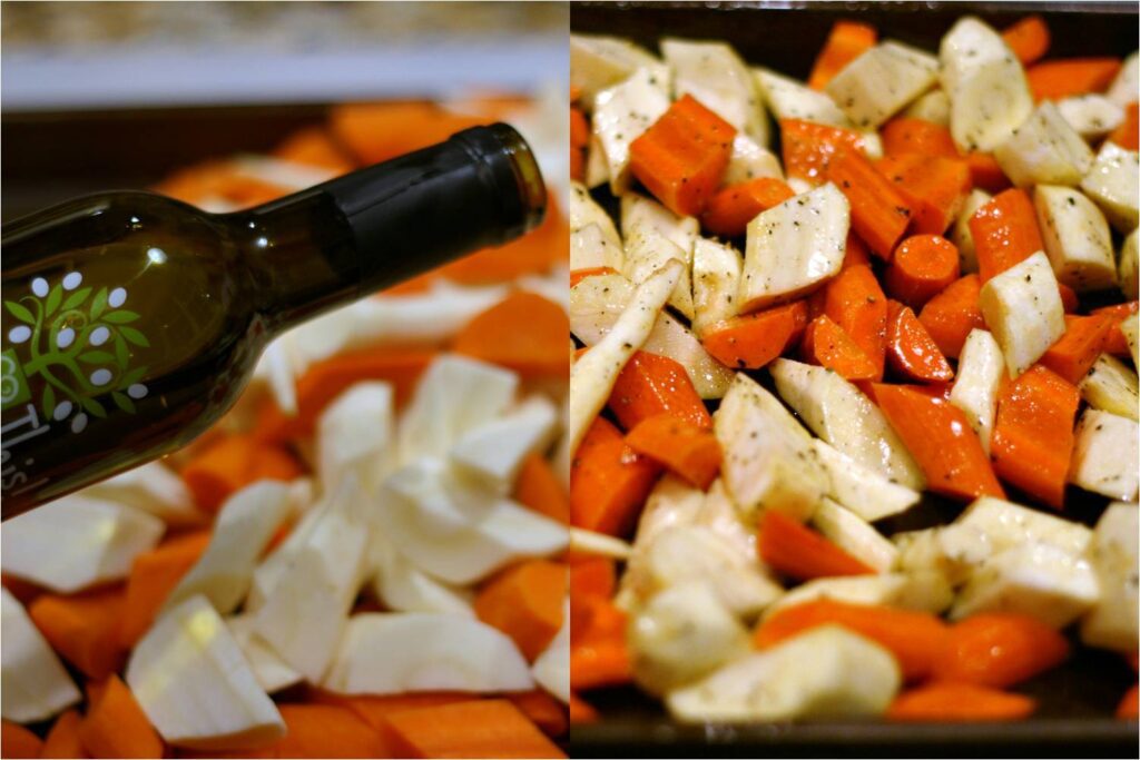 Add EVOO to Carrots and Parsnips