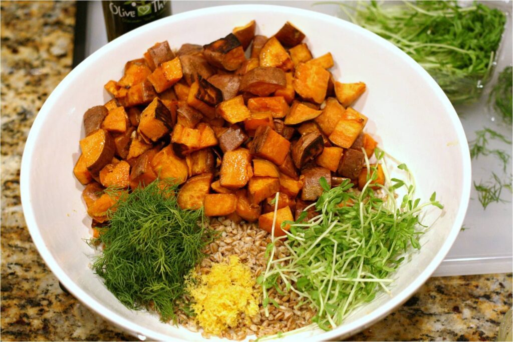 Add all Ingredients for Sweet Potato Farro Salad