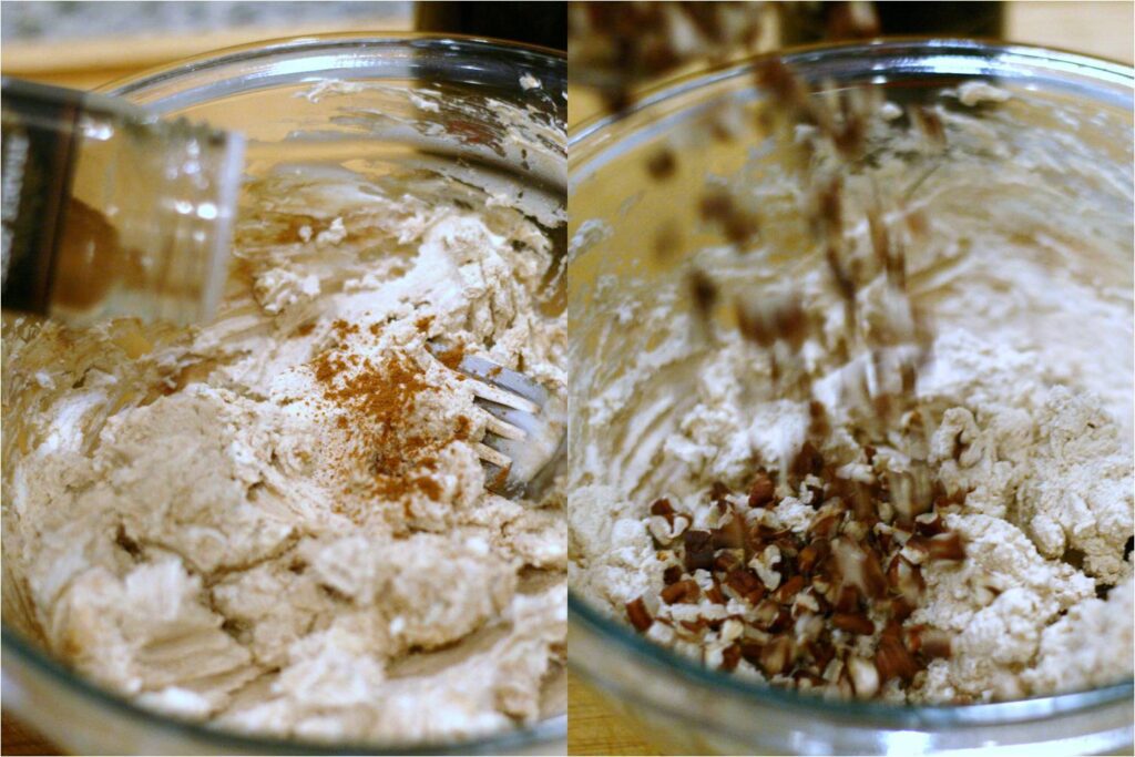Add cinnamon and pecans to goat cheese spread
