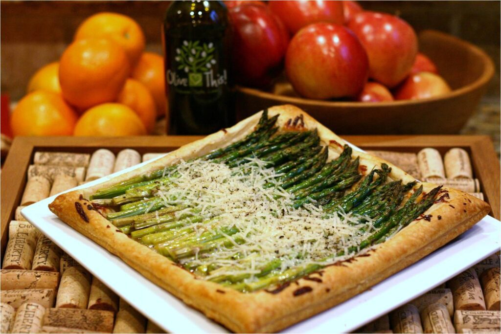 Asparagus and Parmesan Galette with Milanese Gremolata Olvie Oil Feature