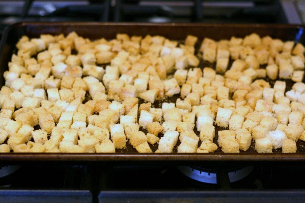 Brown the bread cubes for Mushroom Leek Bread Pudding