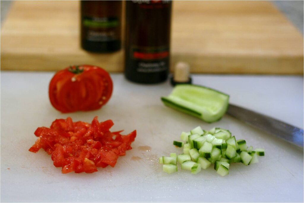 Chunks of tomato and cucumber