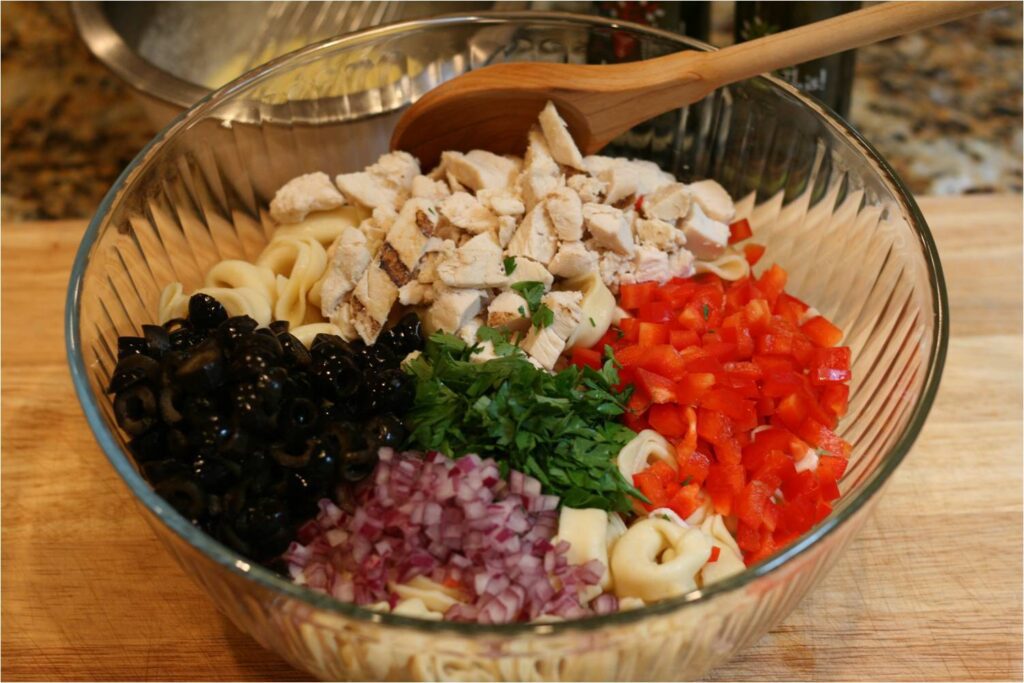 Combine Tortellini Salad Ingredients in Bowl