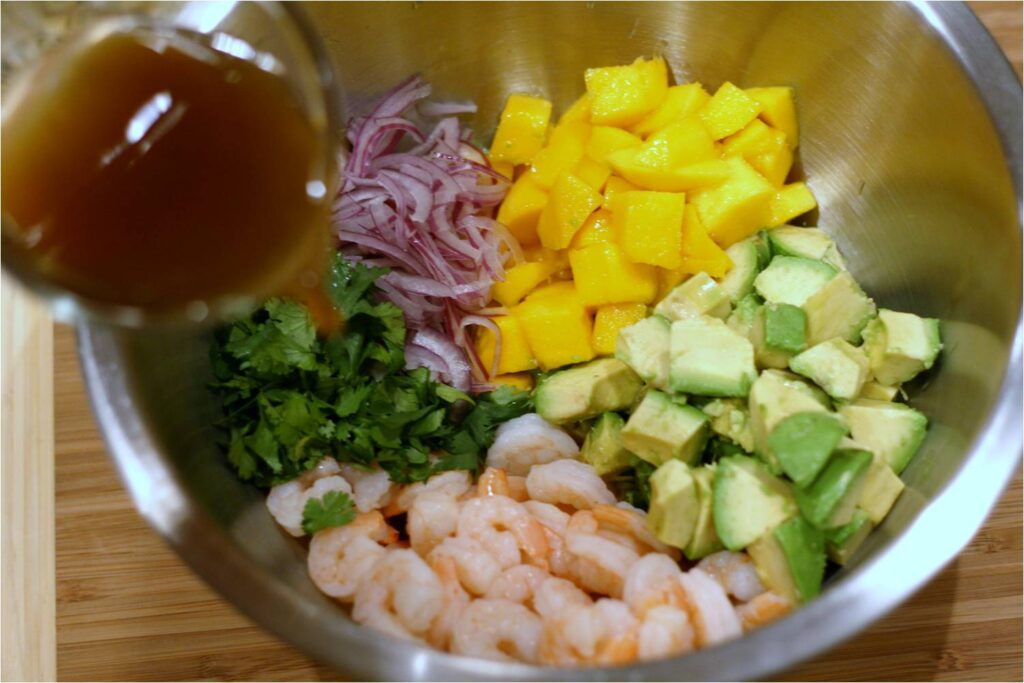 Combine all Shrimp Avocado Mango Cocktail and Dressing