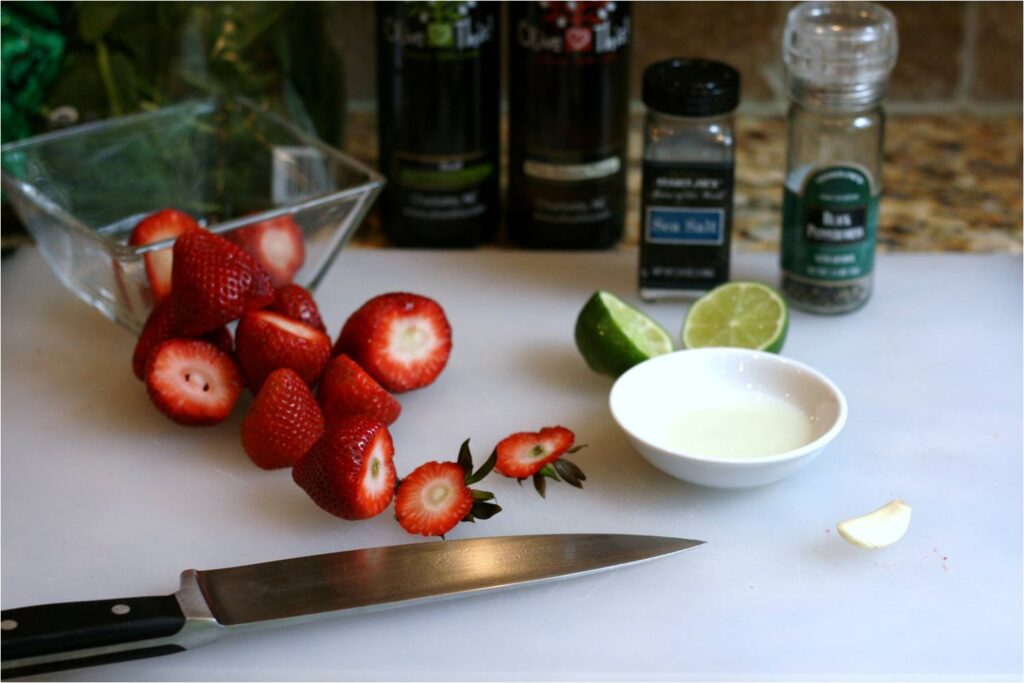 Cut Strawberries and Prepare Lime Juice and Garlic