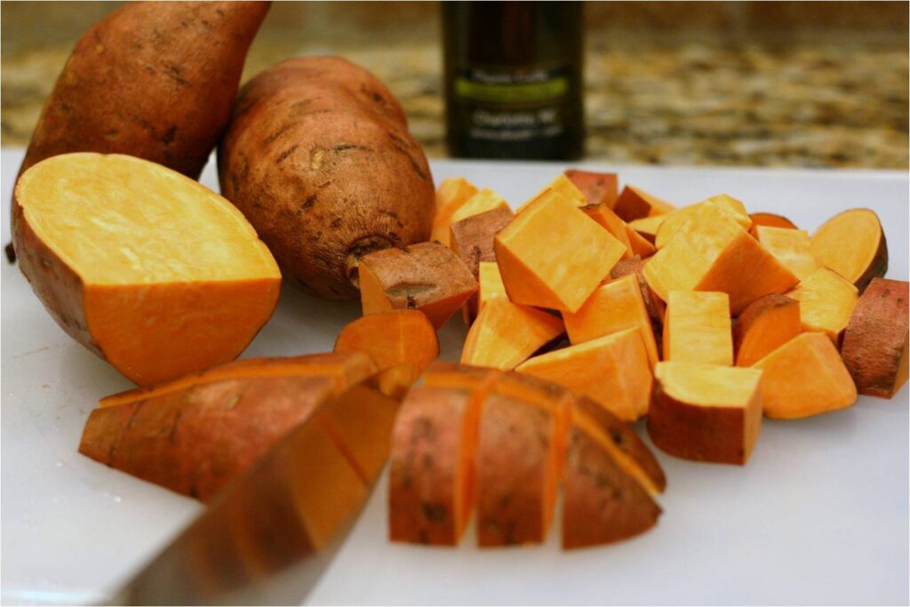 Dice Sweet Potatoes for Farro Salad