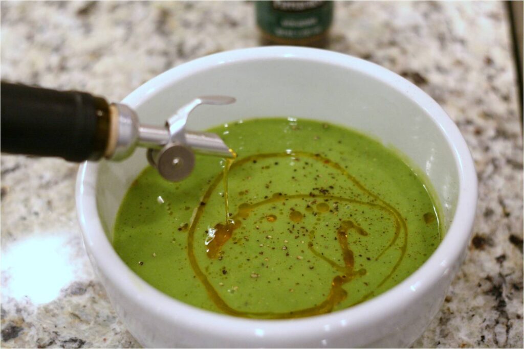 Drizzle EVOO into Pea Soup