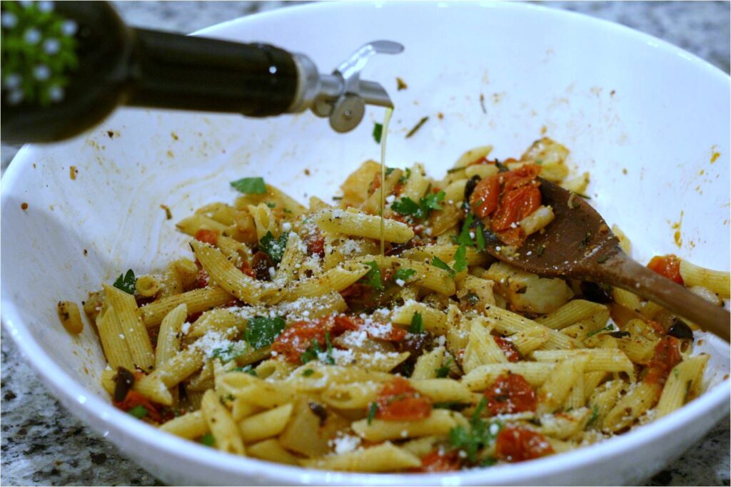 Drizzle EVOO over Roasted Fennel and Tomato Pasta