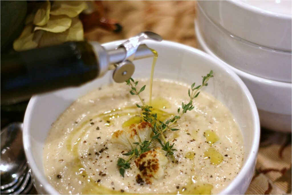Drizzle fennel EVOO onto cauliflower soup