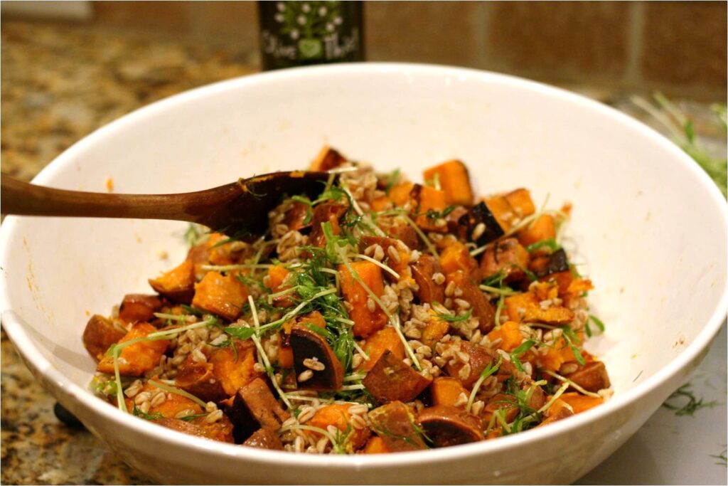 Final Stir of Sweet Potato Farro Salad