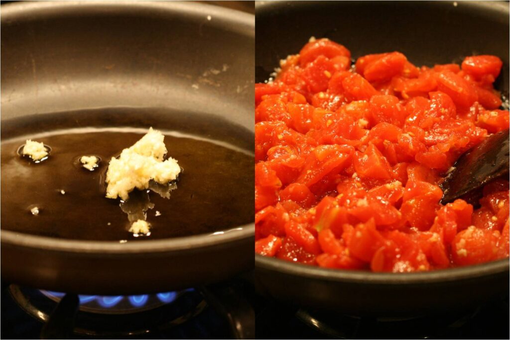 Heat Garlic Add Tomatoes