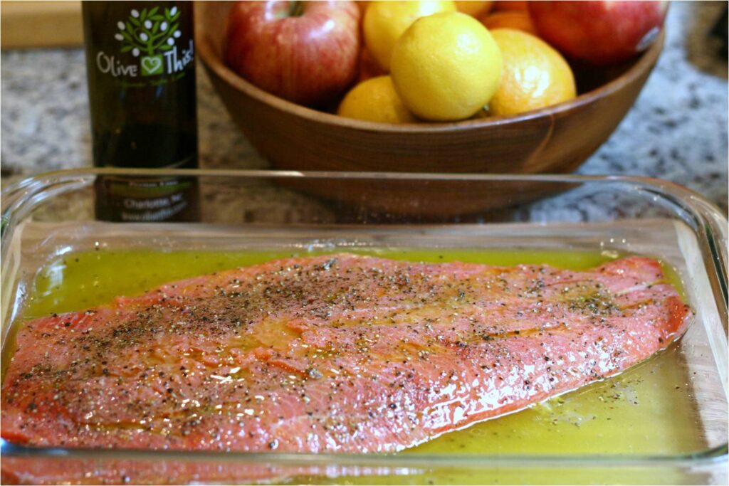 Let lemon juice and EVOO stand over salmon