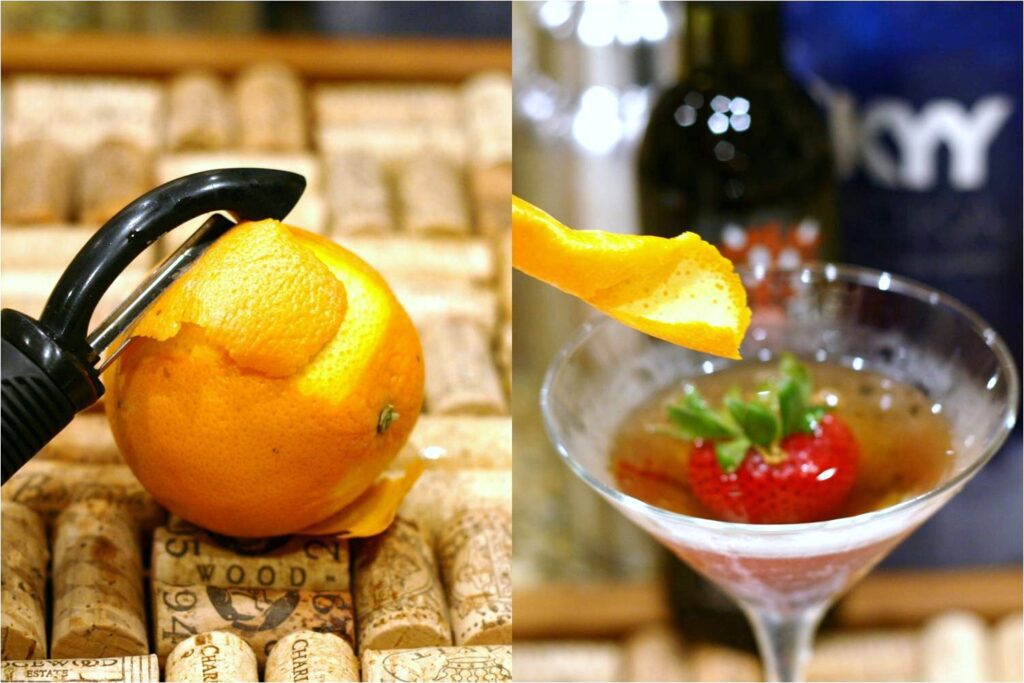 Orange Twist in Martini and around Glass