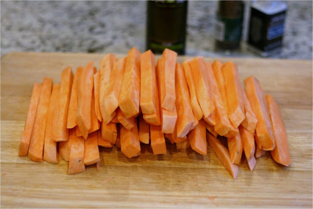Pile of sweet potato fries cut evenly