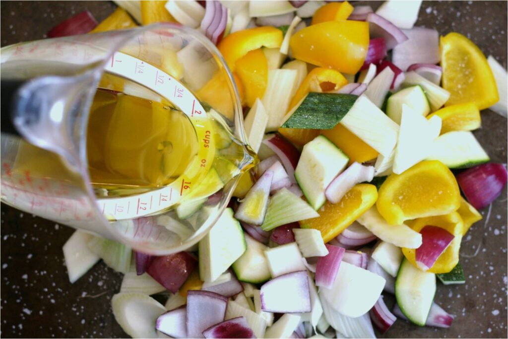 Pour EVOO on Chopped Frittat Veggies