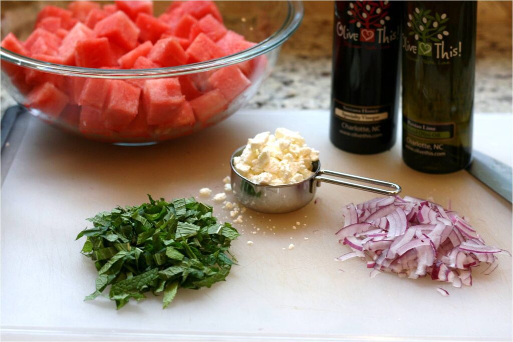 Prepare watermelon salad ingredients