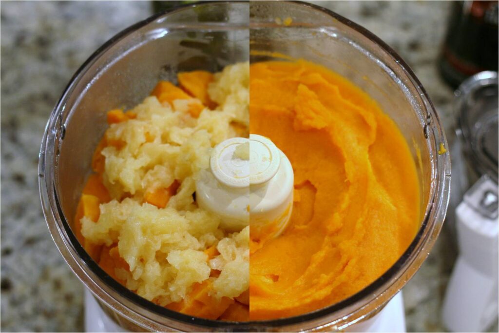 Puree sweet potatoes and pineapple