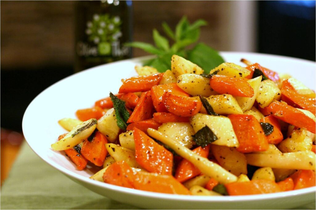 Roasted Carrots and Parsnips with Lemon EVOO and Mint Serve
