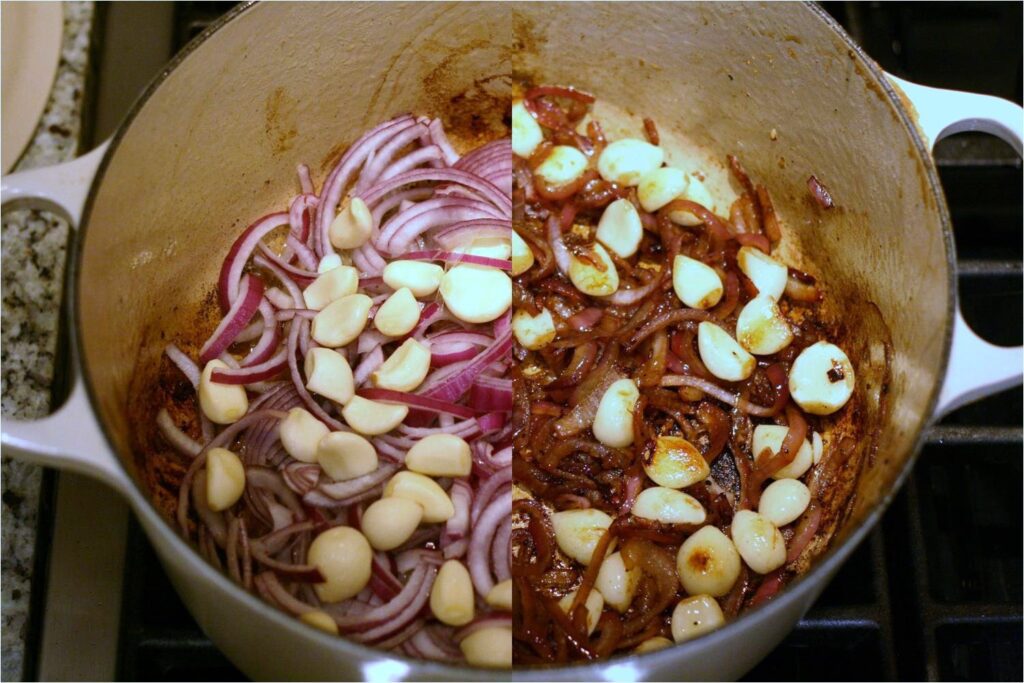 Saute onions and 40 garlic cloves split