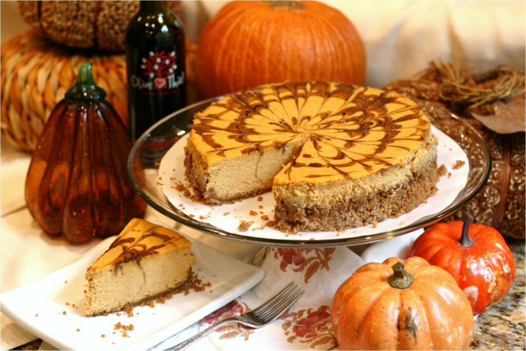 Spiced Pumpkin Cheesecake with Maple Balsamic Swirl Feature