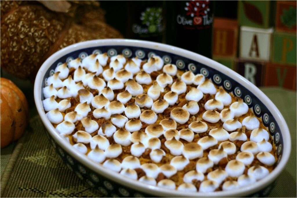Sweet potato casserole out of the oven
