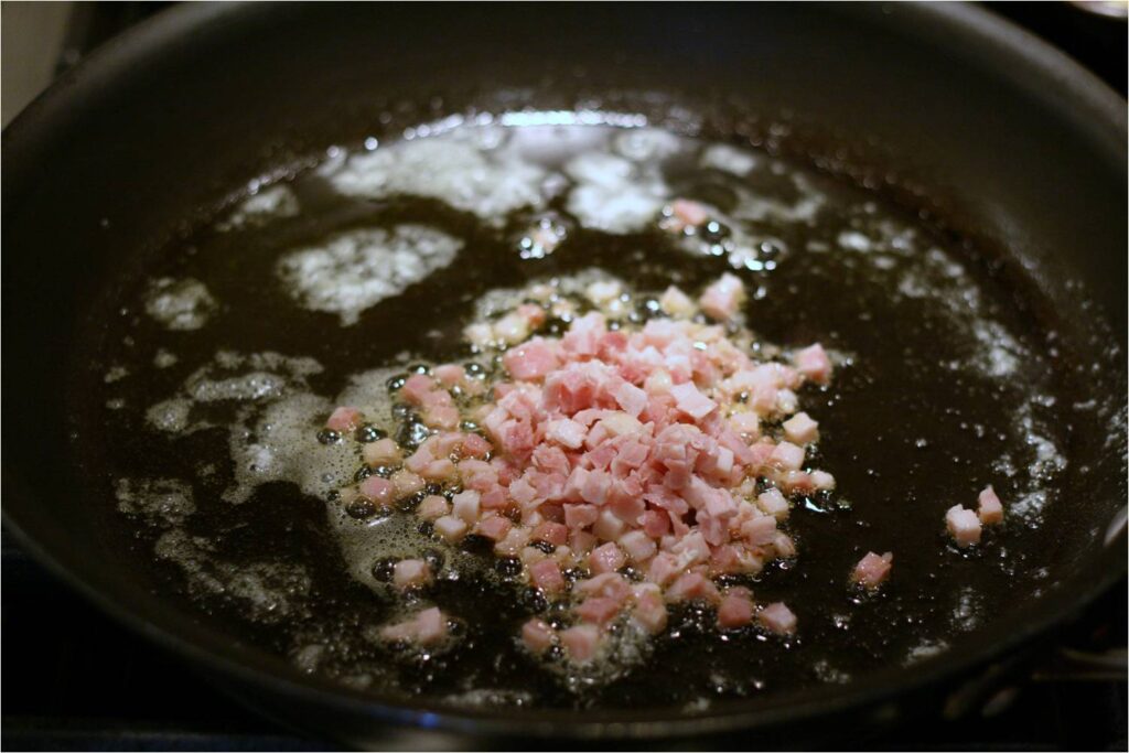 saute pancetta in taragon EVOO and butter